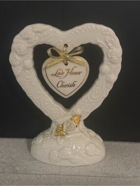 White Ceramic Heart Accent with Gold Script and Trim